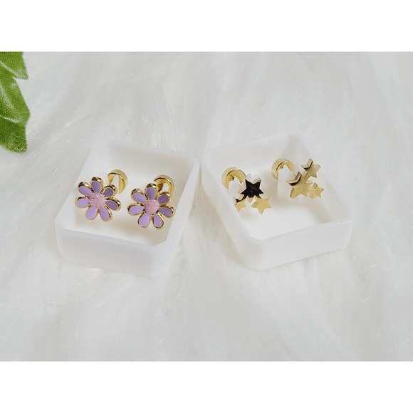 2 Sets of Star and Purple Flower Style Stainless Steel Earrings  02034 - Picture 2 of 10